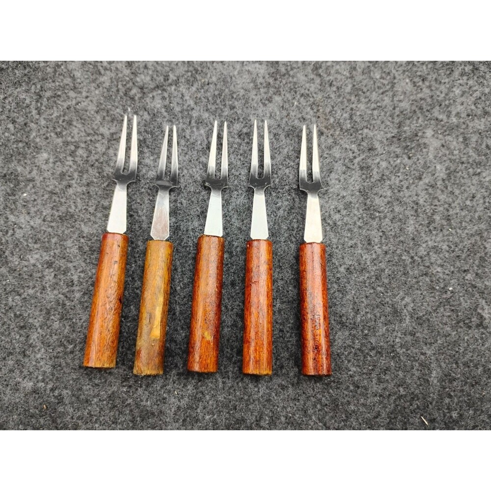 Vintage MCM Appetizer Cocktail Mini Forks Set Of 5 Wood Handle